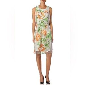 Laundry Shelli Segal Floral Embroidered A-Line Sleeveless Dress Lace Overlay